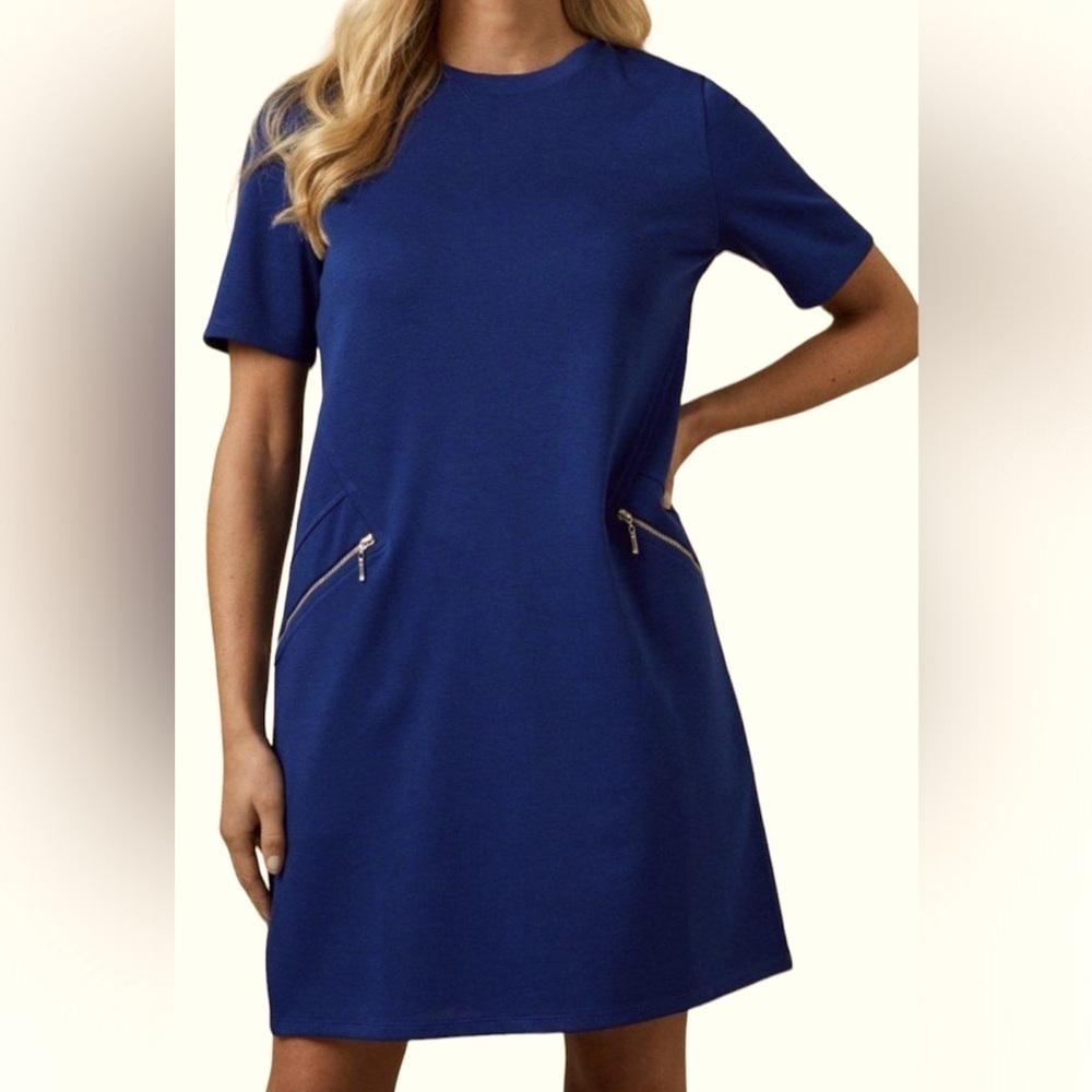 Haani Women's Size L Cobalt Zipper Cap Sleeve Round-Neck Ponte Mini Shift  Dress